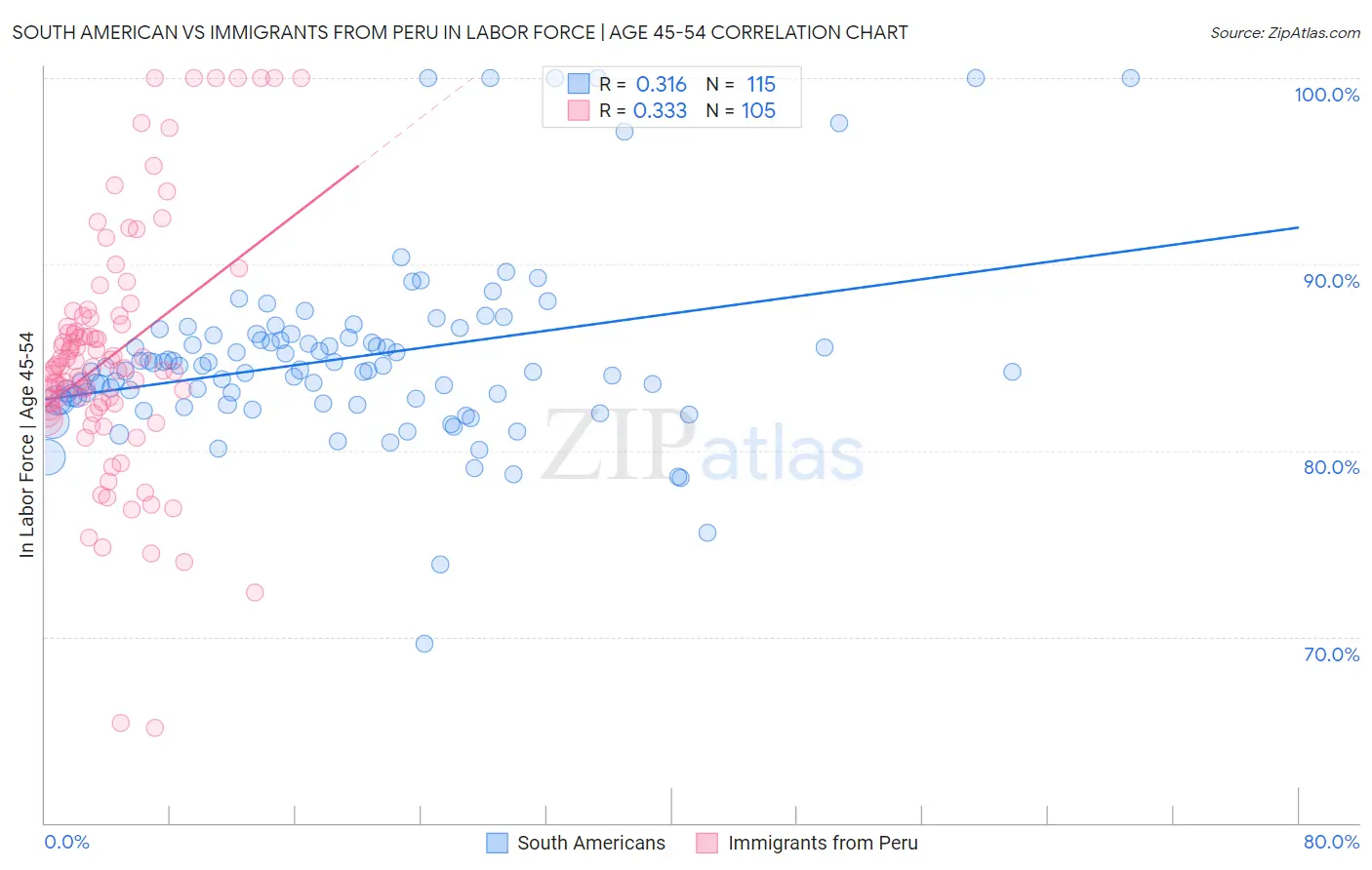 South American vs Immigrants from Peru In Labor Force | Age 45-54