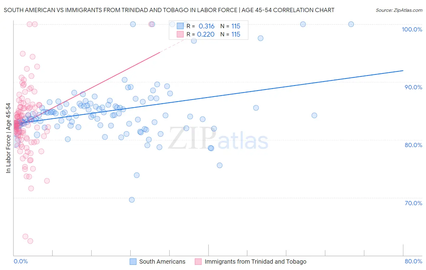 South American vs Immigrants from Trinidad and Tobago In Labor Force | Age 45-54