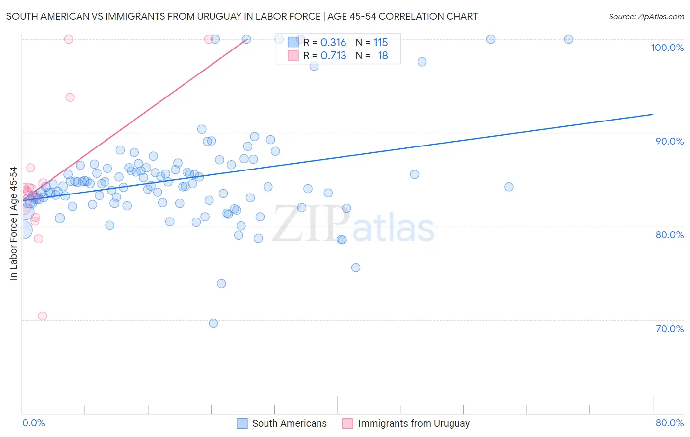 South American vs Immigrants from Uruguay In Labor Force | Age 45-54