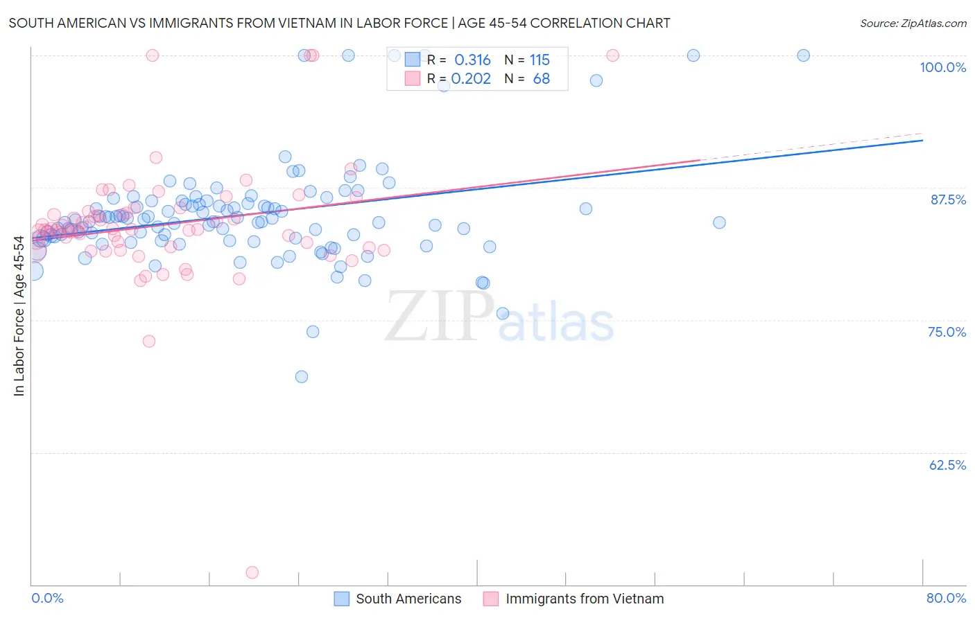 South American vs Immigrants from Vietnam In Labor Force | Age 45-54