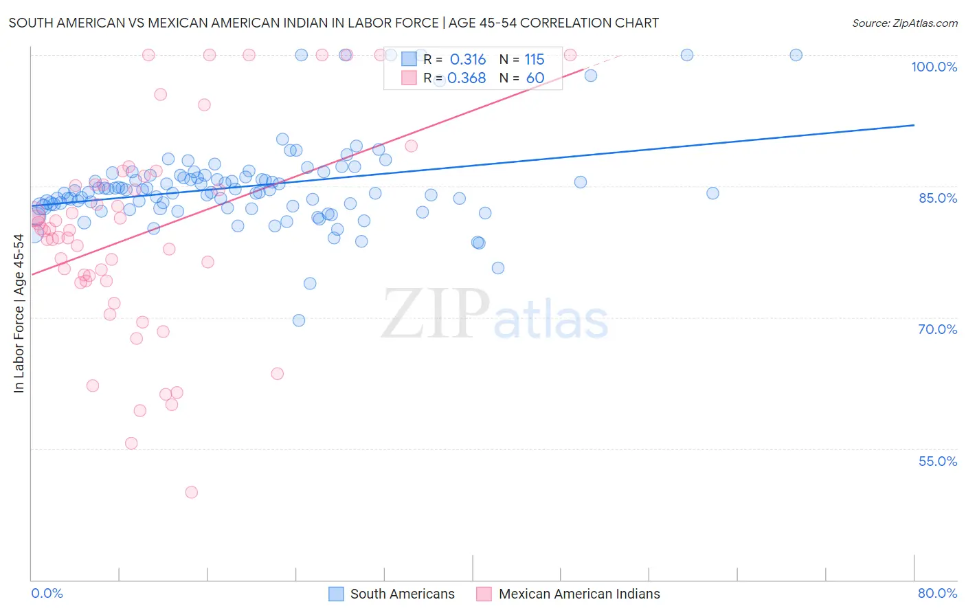 South American vs Mexican American Indian In Labor Force | Age 45-54