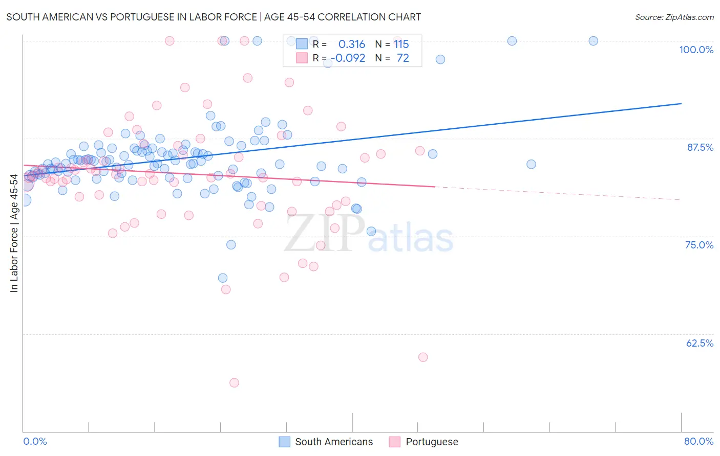 South American vs Portuguese In Labor Force | Age 45-54