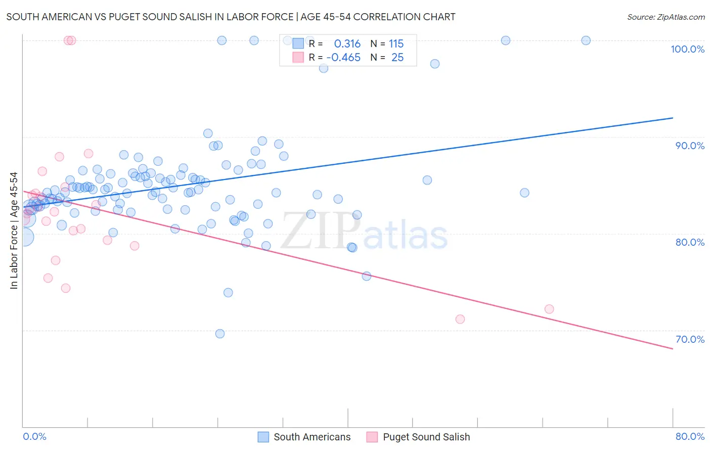South American vs Puget Sound Salish In Labor Force | Age 45-54