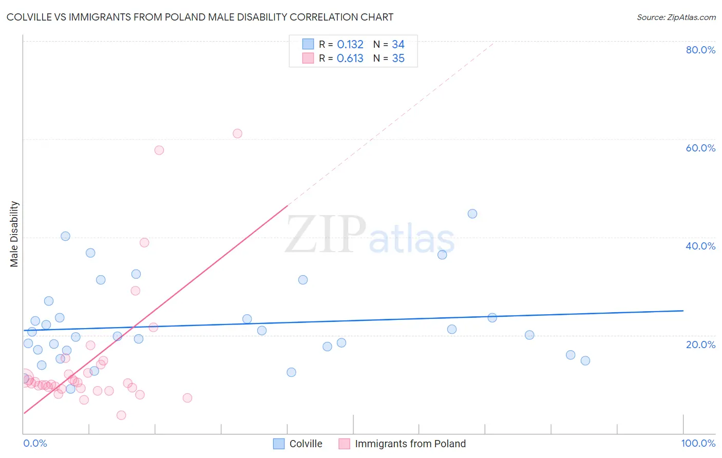 Colville vs Immigrants from Poland Male Disability