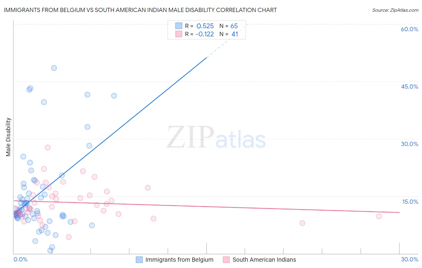 Immigrants from Belgium vs South American Indian Male Disability