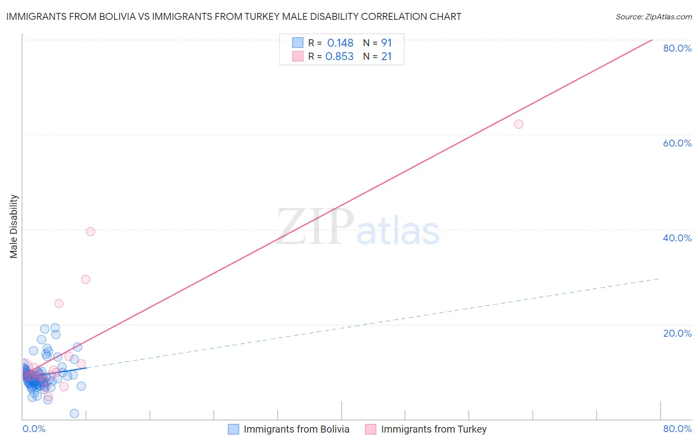 Immigrants from Bolivia vs Immigrants from Turkey Male Disability