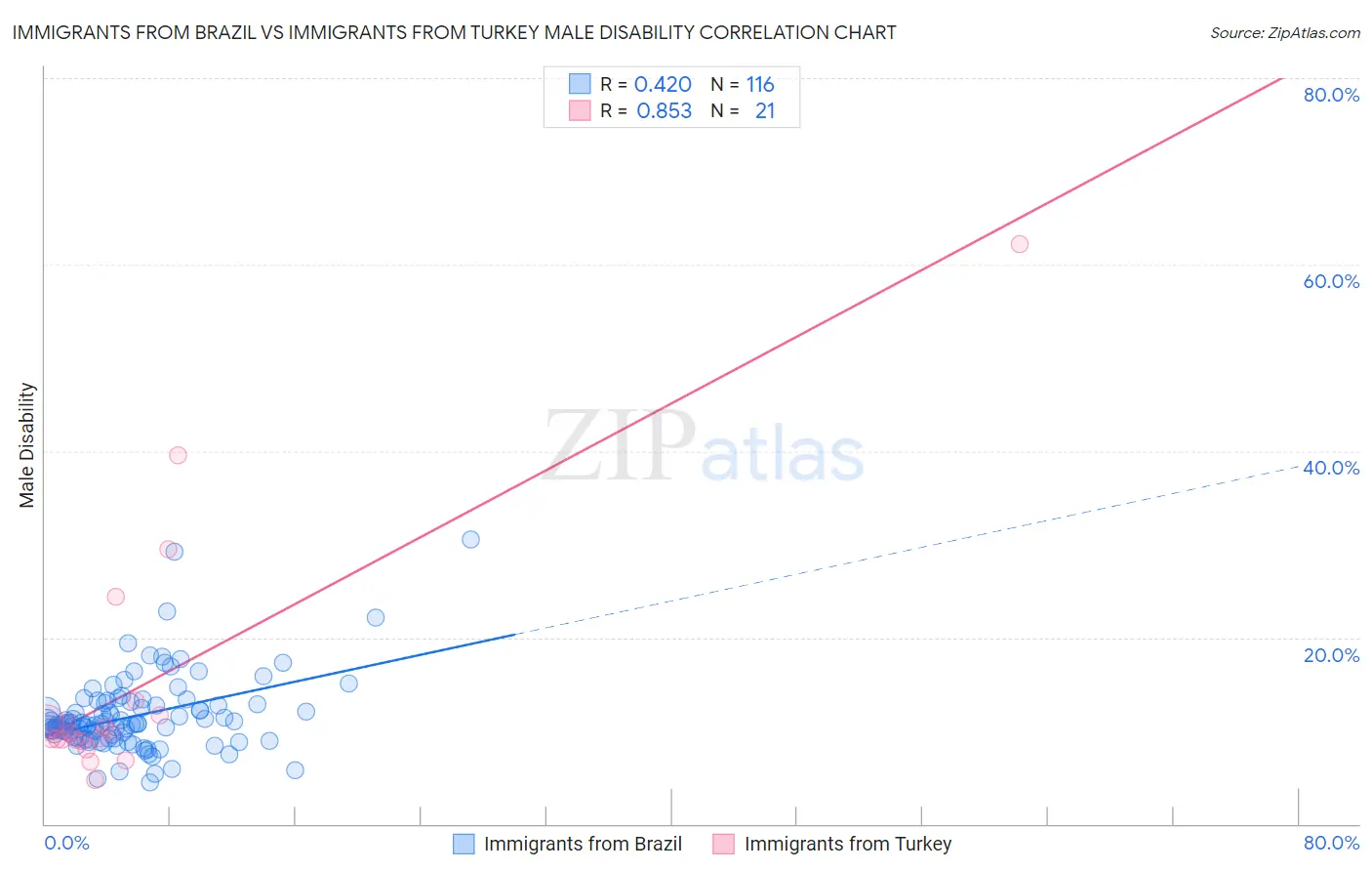 Immigrants from Brazil vs Immigrants from Turkey Male Disability
