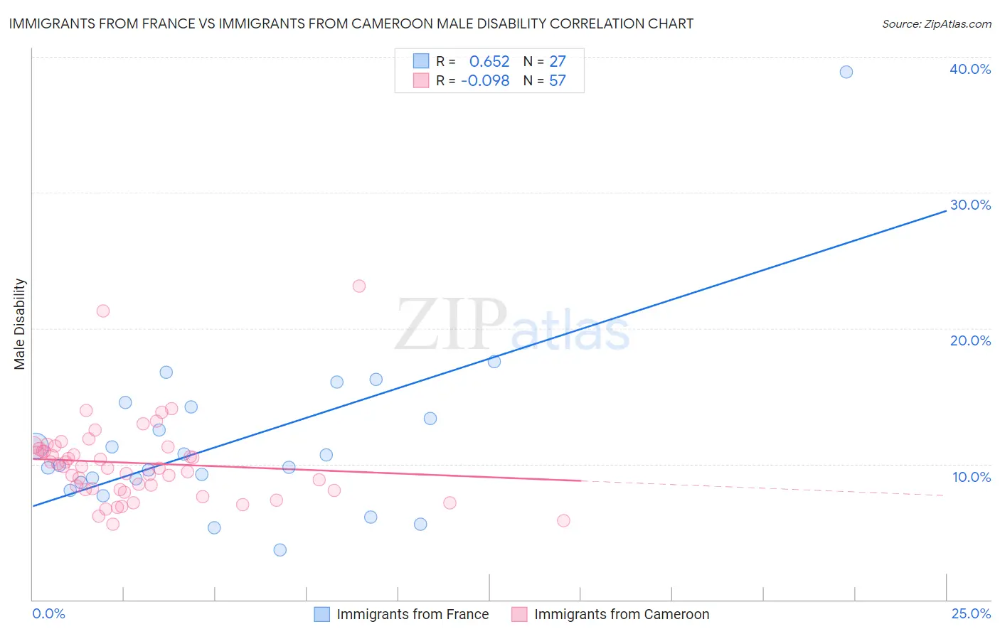 Immigrants from France vs Immigrants from Cameroon Male Disability