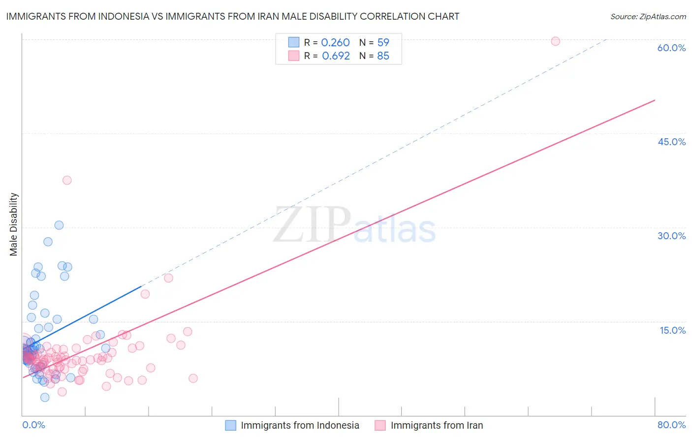 Immigrants from Indonesia vs Immigrants from Iran Male Disability