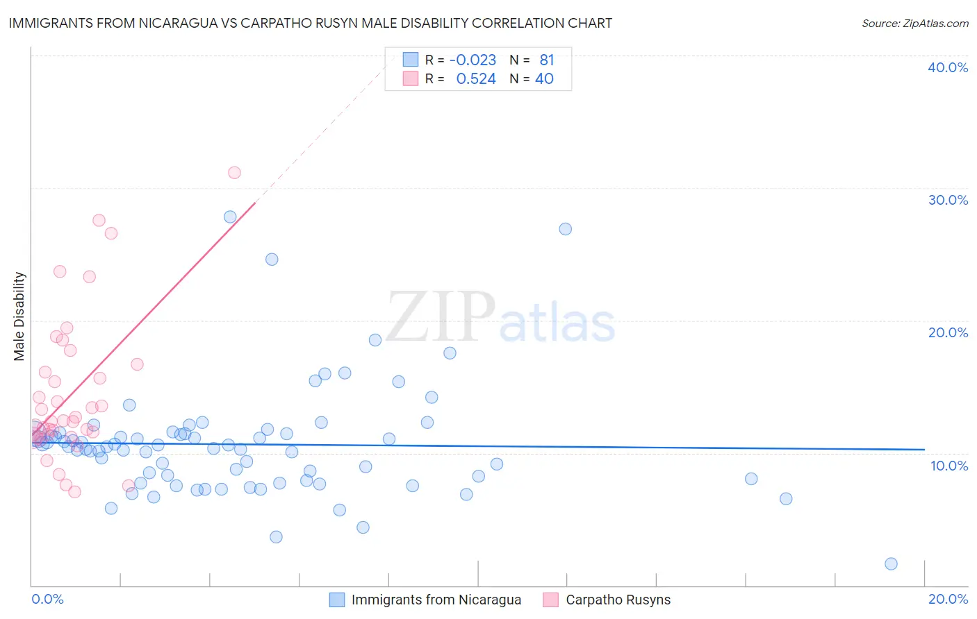 Immigrants from Nicaragua vs Carpatho Rusyn Male Disability