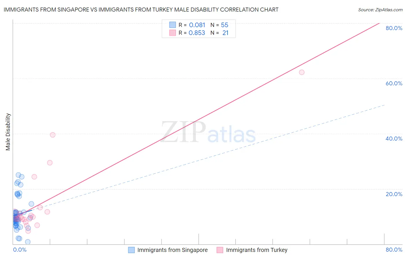 Immigrants from Singapore vs Immigrants from Turkey Male Disability