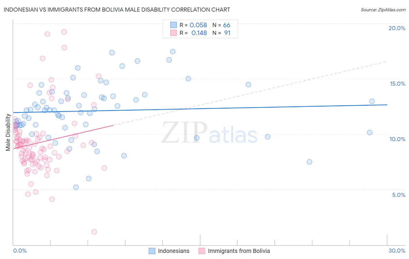 Indonesian vs Immigrants from Bolivia Male Disability