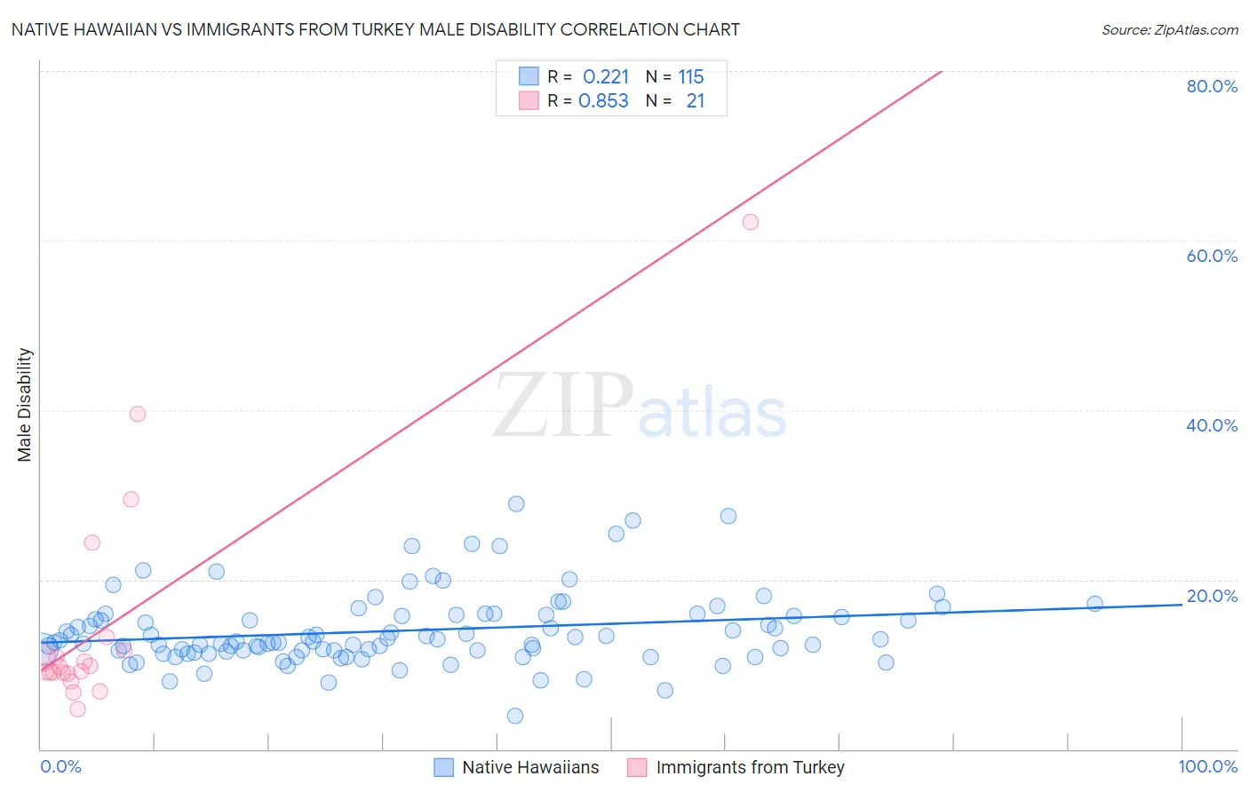 Native Hawaiian vs Immigrants from Turkey Male Disability