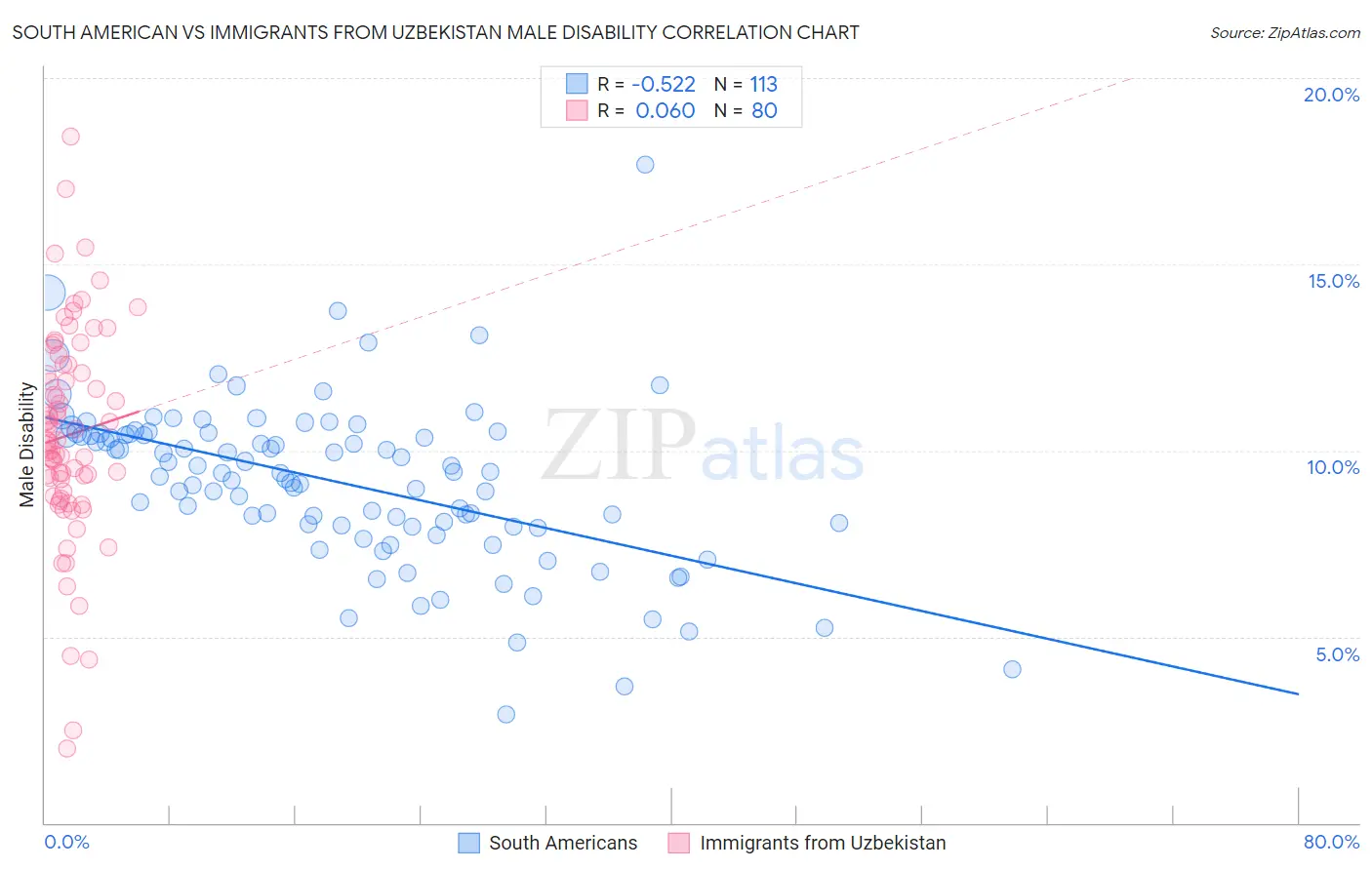 South American vs Immigrants from Uzbekistan Male Disability