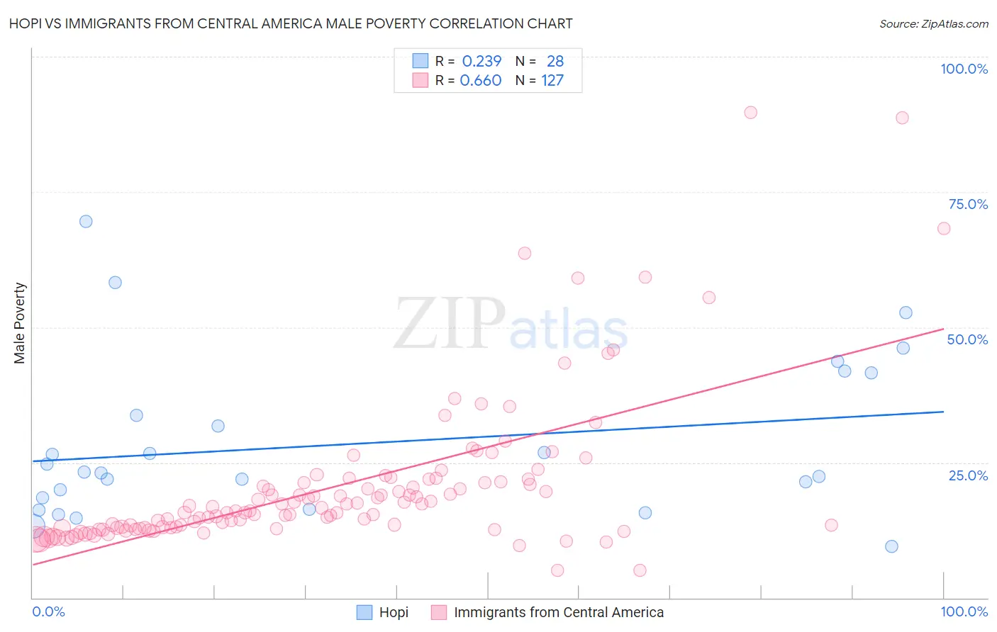 Hopi vs Immigrants from Central America Male Poverty