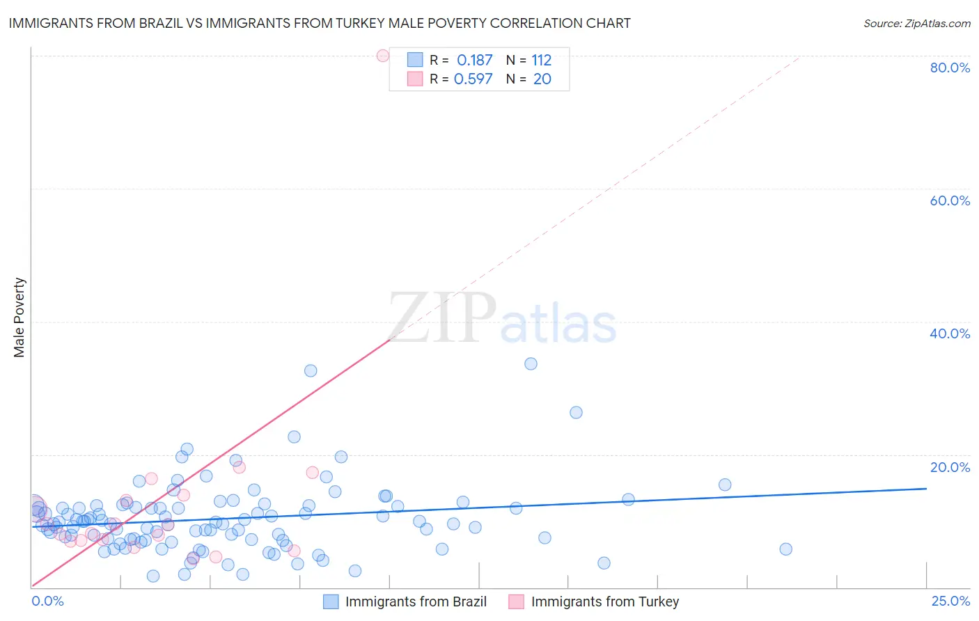Immigrants from Brazil vs Immigrants from Turkey Male Poverty