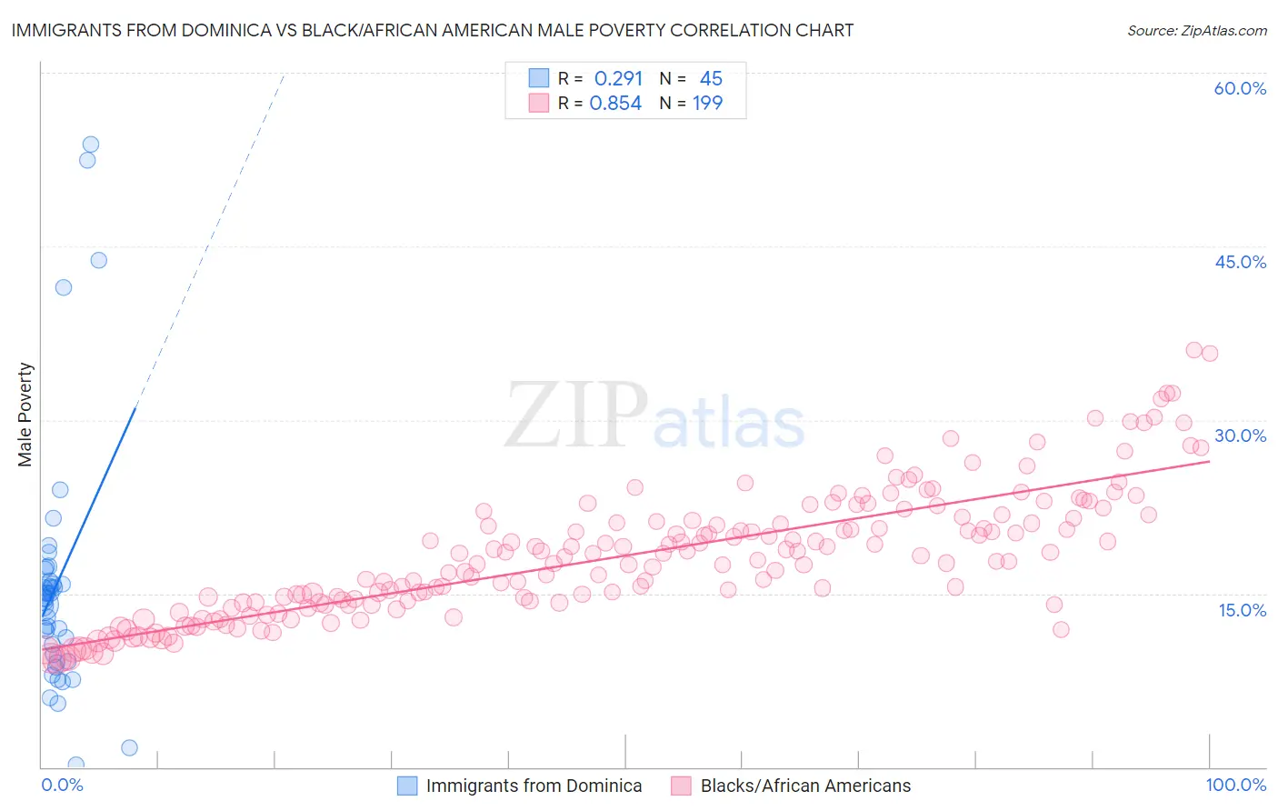 Immigrants from Dominica vs Black/African American Male Poverty