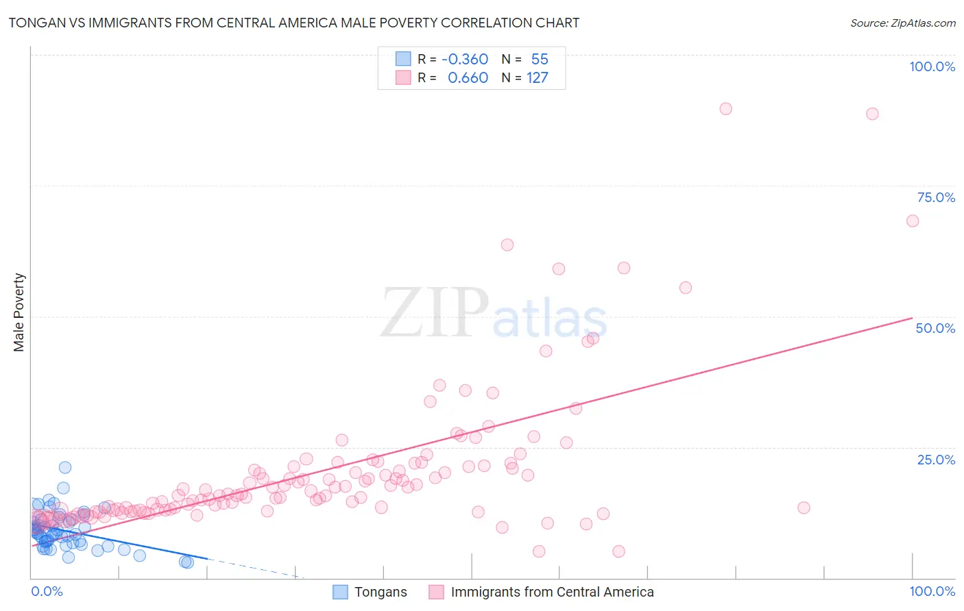 Tongan vs Immigrants from Central America Male Poverty