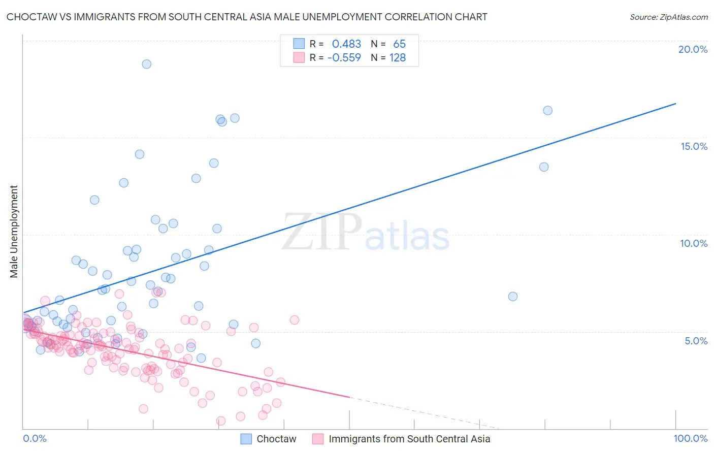 Choctaw vs Immigrants from South Central Asia Male Unemployment