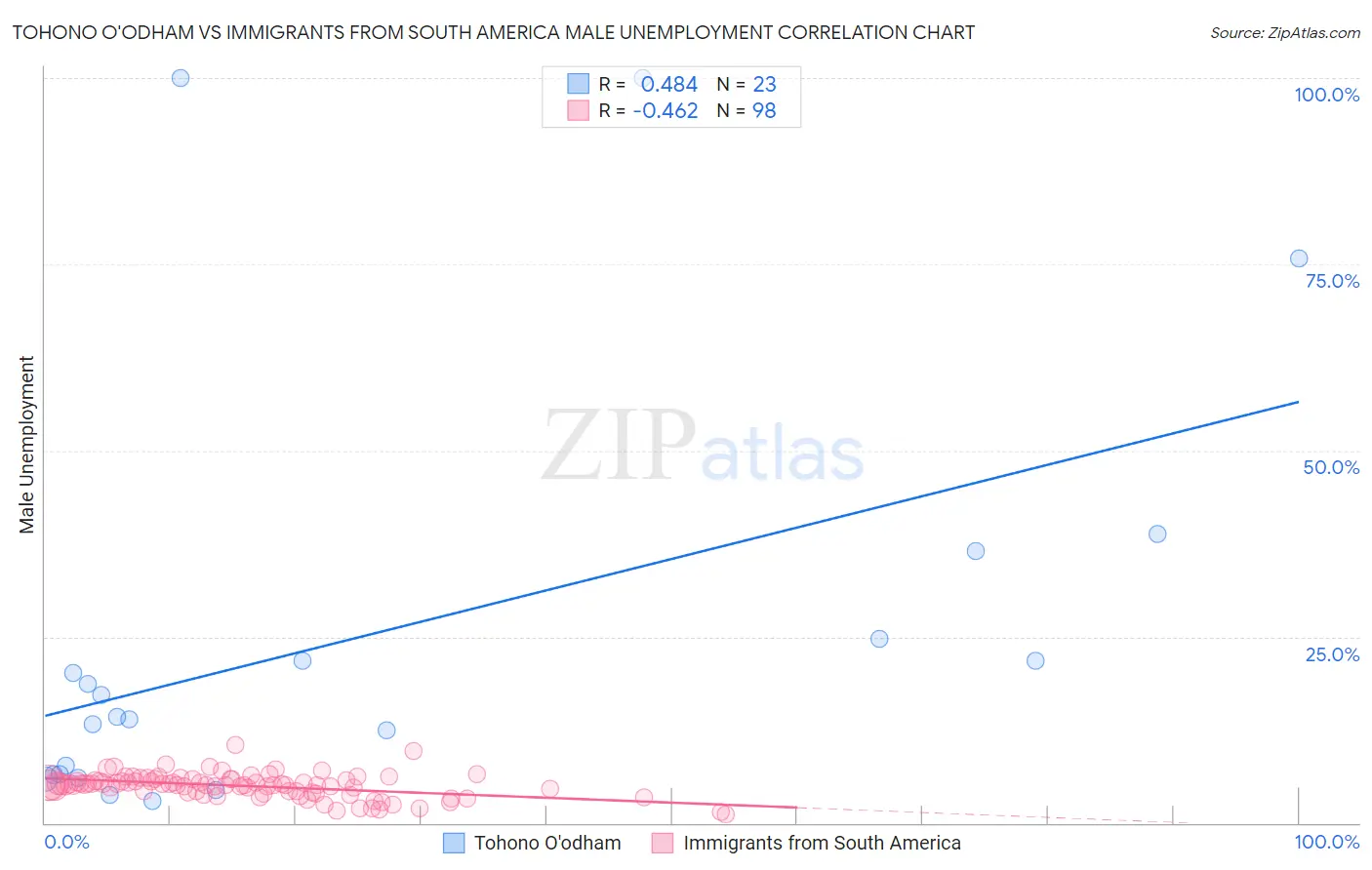 Tohono O'odham vs Immigrants from South America Male Unemployment