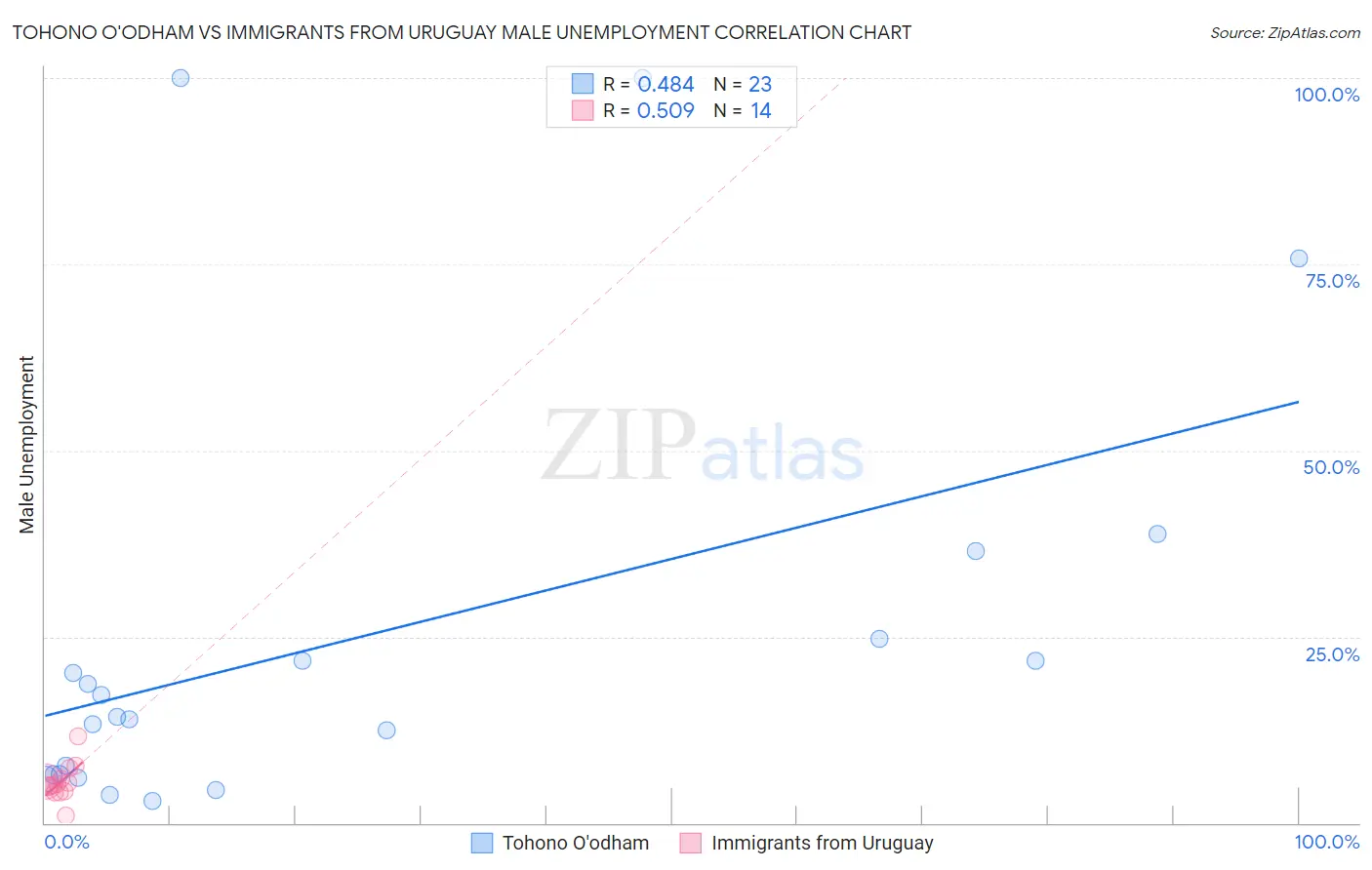 Tohono O'odham vs Immigrants from Uruguay Male Unemployment