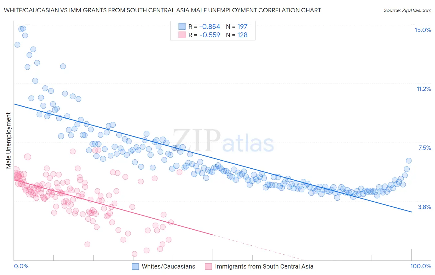 White/Caucasian vs Immigrants from South Central Asia Male Unemployment