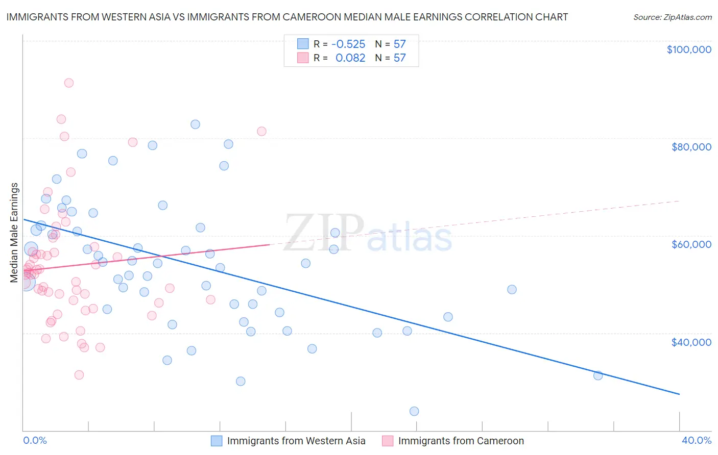 Immigrants from Western Asia vs Immigrants from Cameroon Median Male Earnings