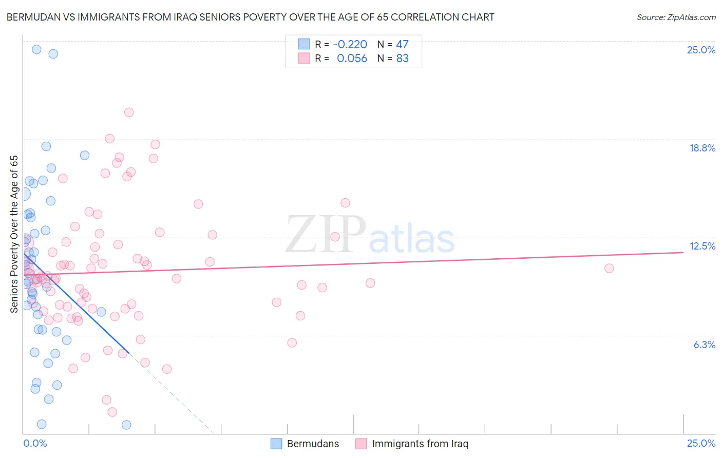 Bermudan vs Immigrants from Iraq Seniors Poverty Over the Age of 65