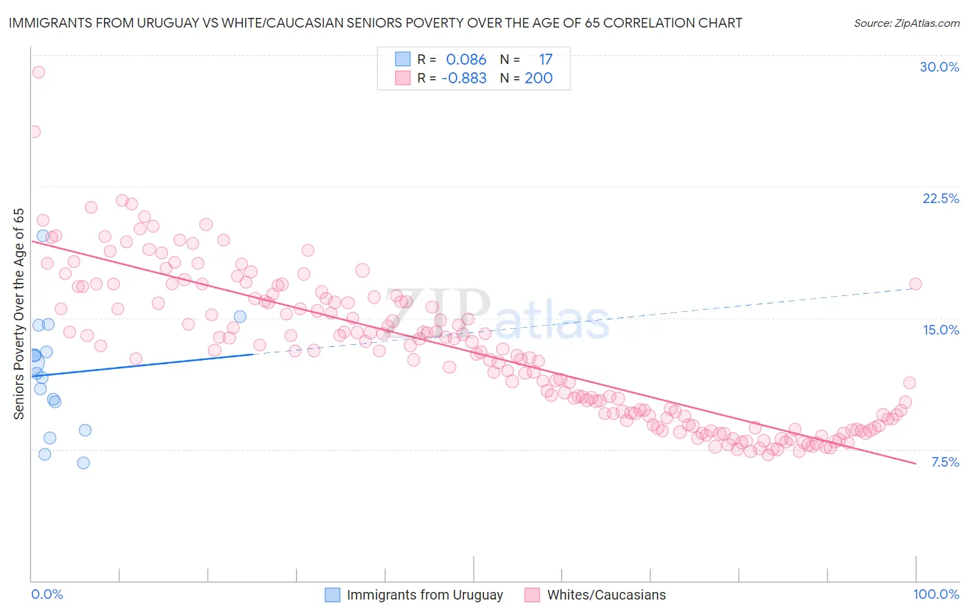Immigrants from Uruguay vs White/Caucasian Seniors Poverty Over the Age of 65