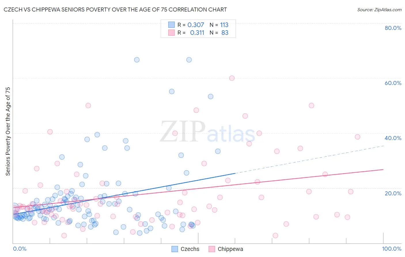 Czech vs Chippewa Seniors Poverty Over the Age of 75