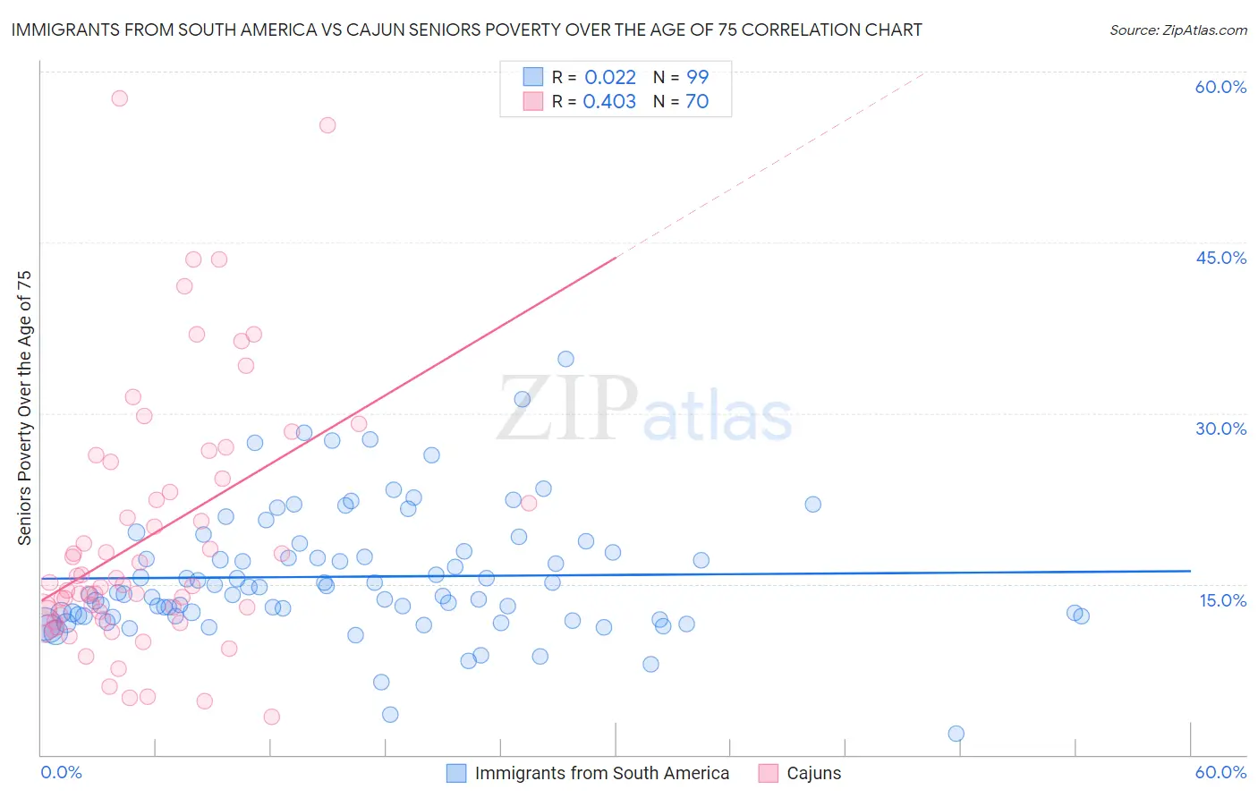 Immigrants from South America vs Cajun Seniors Poverty Over the Age of 75