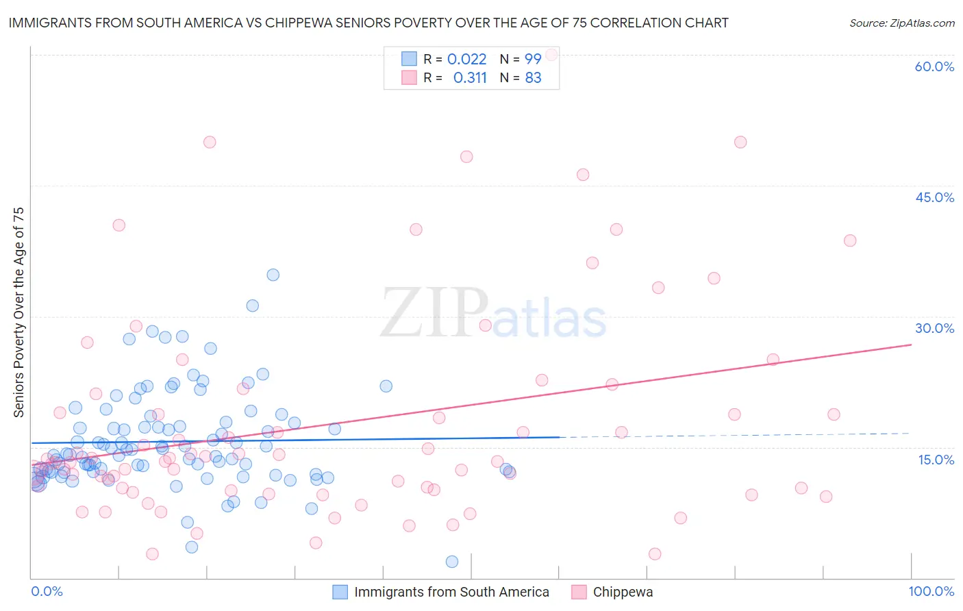 Immigrants from South America vs Chippewa Seniors Poverty Over the Age of 75