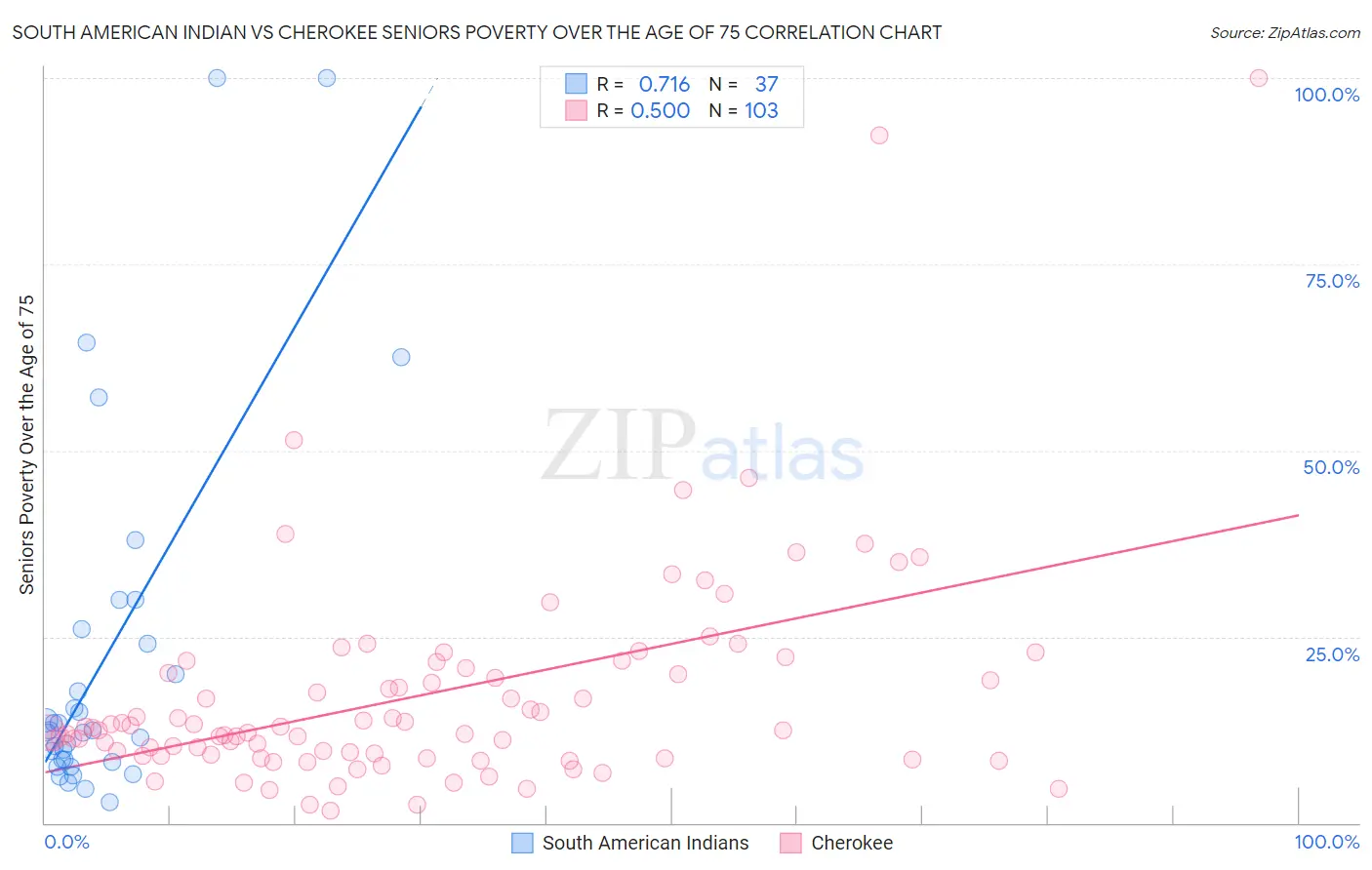 South American Indian vs Cherokee Seniors Poverty Over the Age of 75