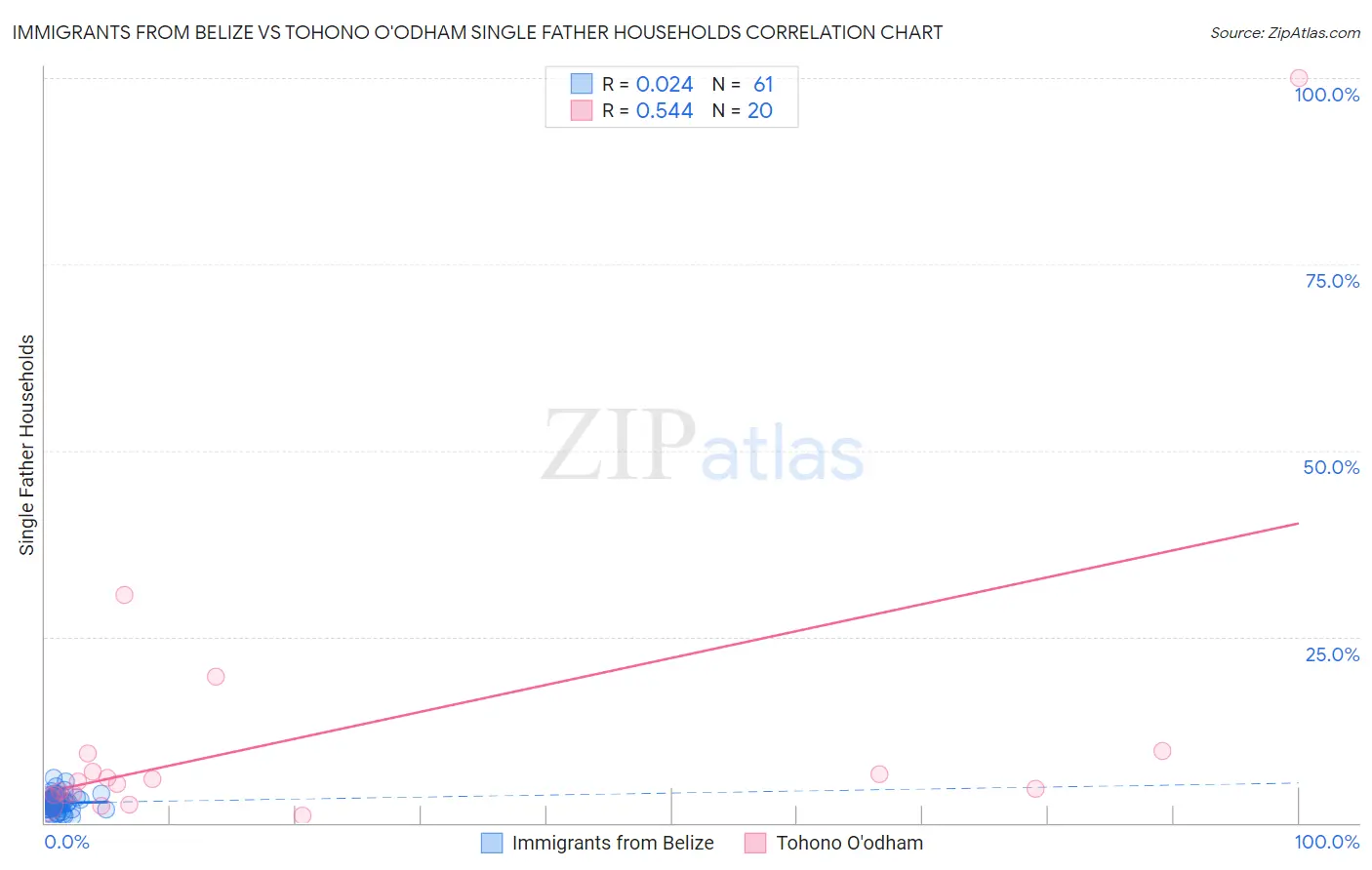 Immigrants from Belize vs Tohono O'odham Single Father Households