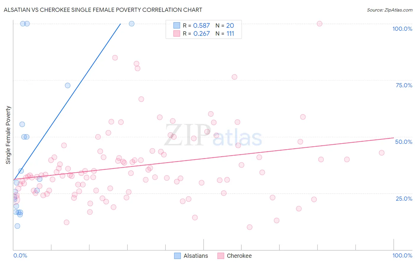 Alsatian vs Cherokee Single Female Poverty