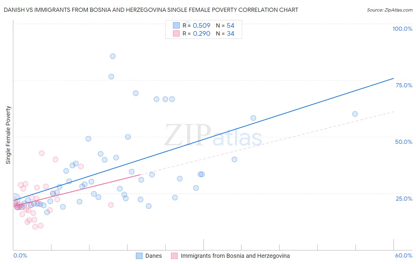 Danish vs Immigrants from Bosnia and Herzegovina Single Female Poverty