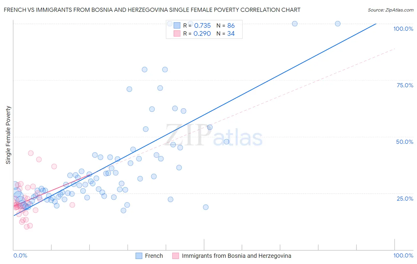 French vs Immigrants from Bosnia and Herzegovina Single Female Poverty