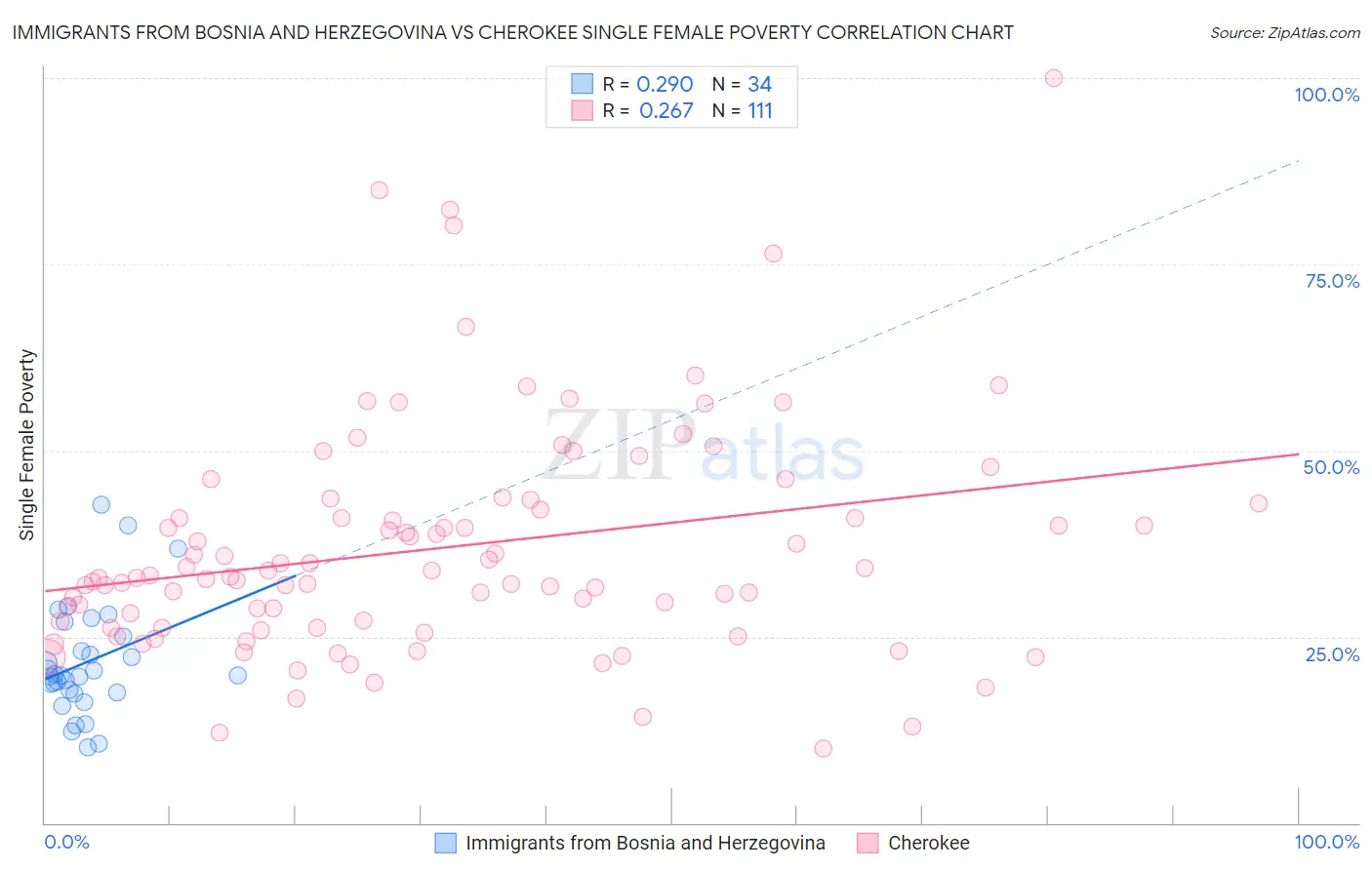 Immigrants from Bosnia and Herzegovina vs Cherokee Single Female Poverty