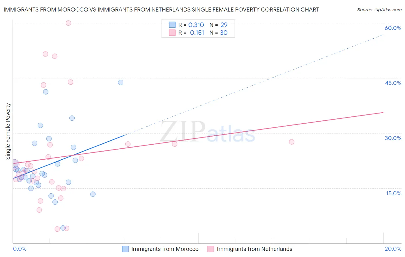 Immigrants from Morocco vs Immigrants from Netherlands Single Female Poverty