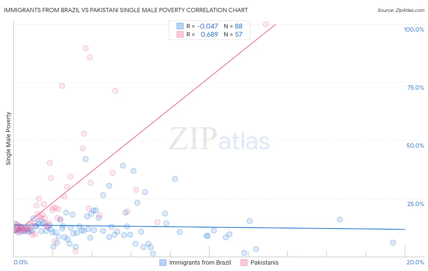 Immigrants from Brazil vs Pakistani Single Male Poverty