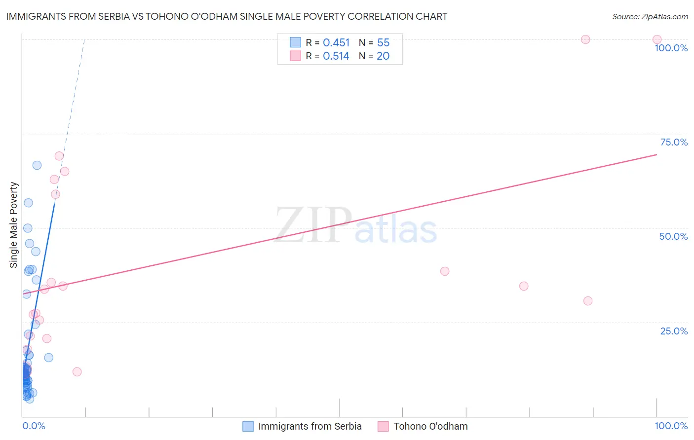 Immigrants from Serbia vs Tohono O'odham Single Male Poverty