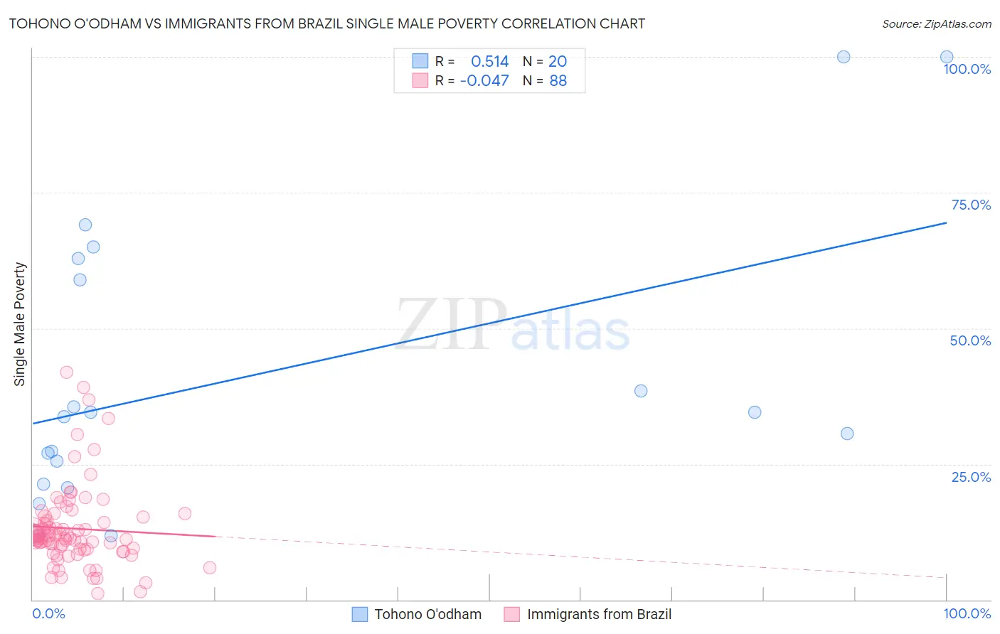 Tohono O'odham vs Immigrants from Brazil Single Male Poverty