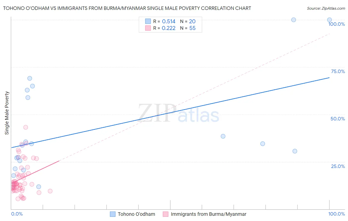 Tohono O'odham vs Immigrants from Burma/Myanmar Single Male Poverty