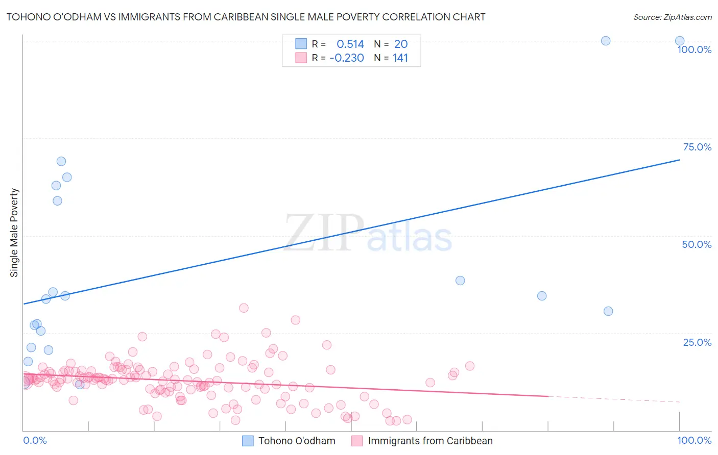 Tohono O'odham vs Immigrants from Caribbean Single Male Poverty