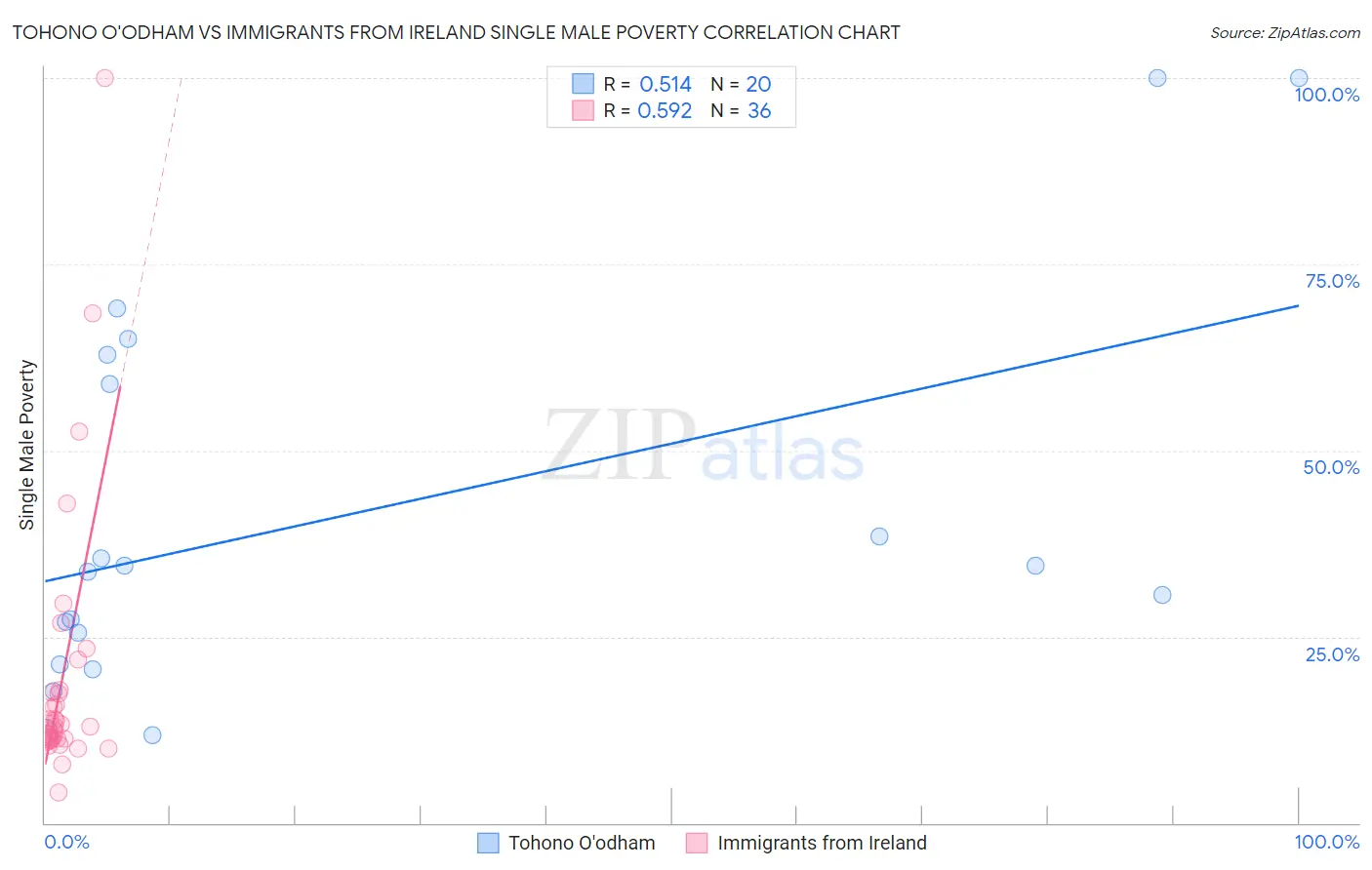 Tohono O'odham vs Immigrants from Ireland Single Male Poverty