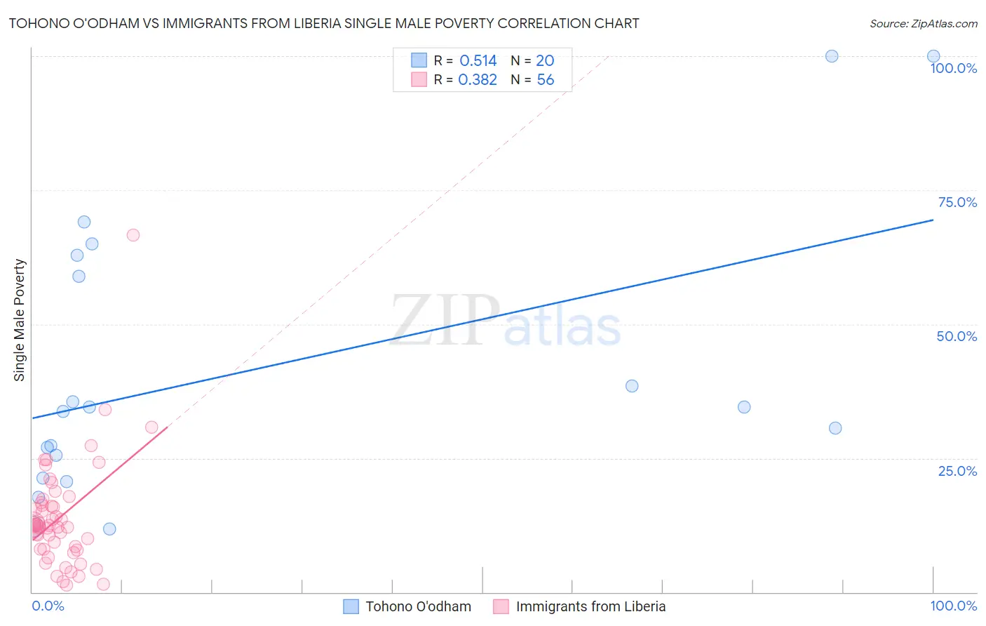 Tohono O'odham vs Immigrants from Liberia Single Male Poverty