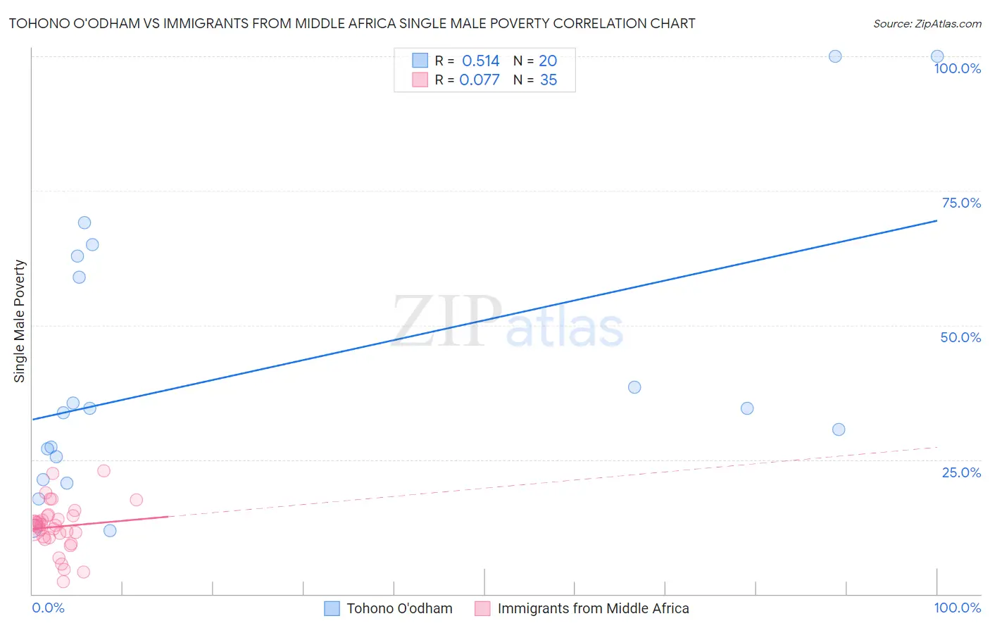 Tohono O'odham vs Immigrants from Middle Africa Single Male Poverty