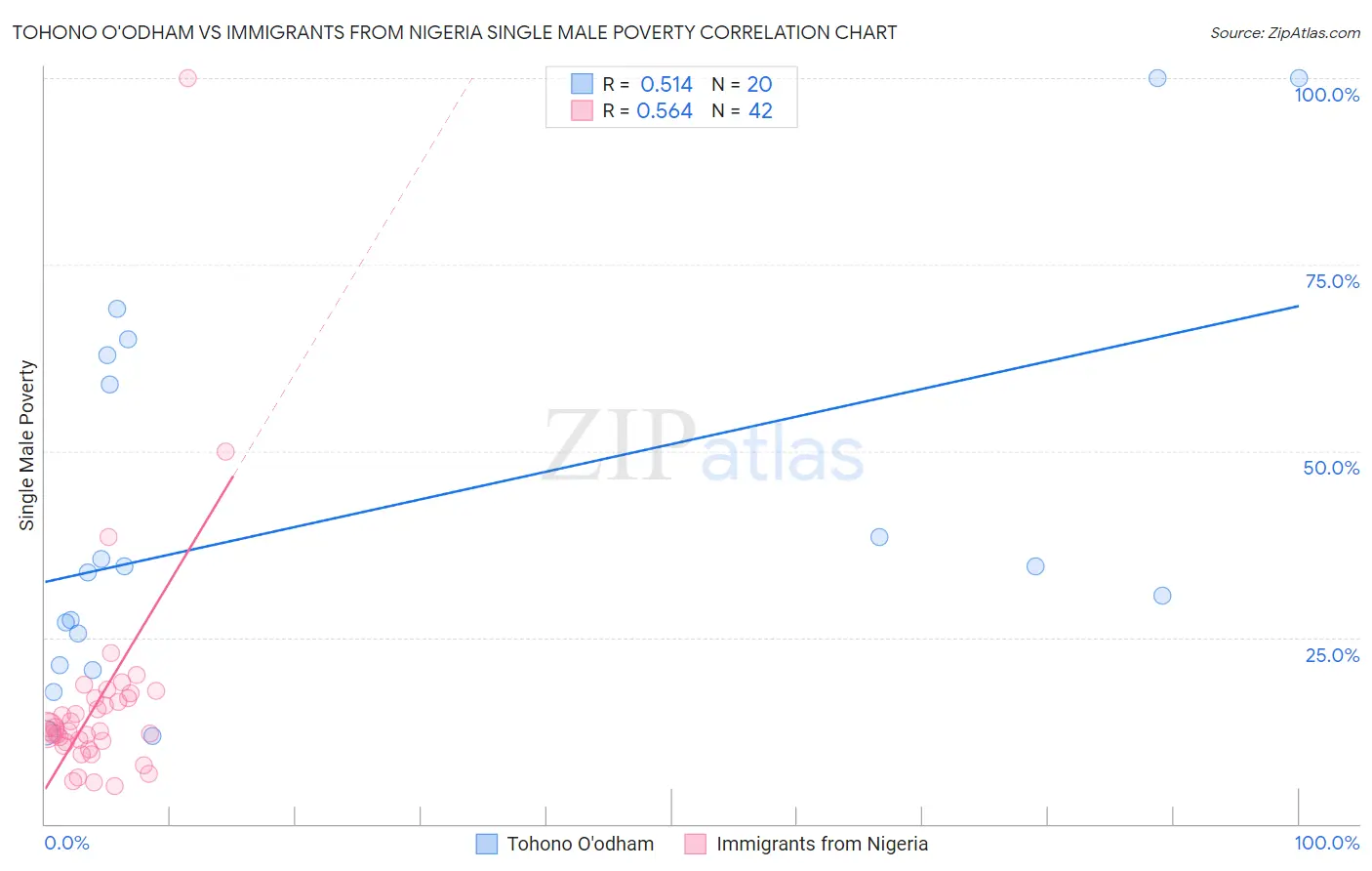 Tohono O'odham vs Immigrants from Nigeria Single Male Poverty