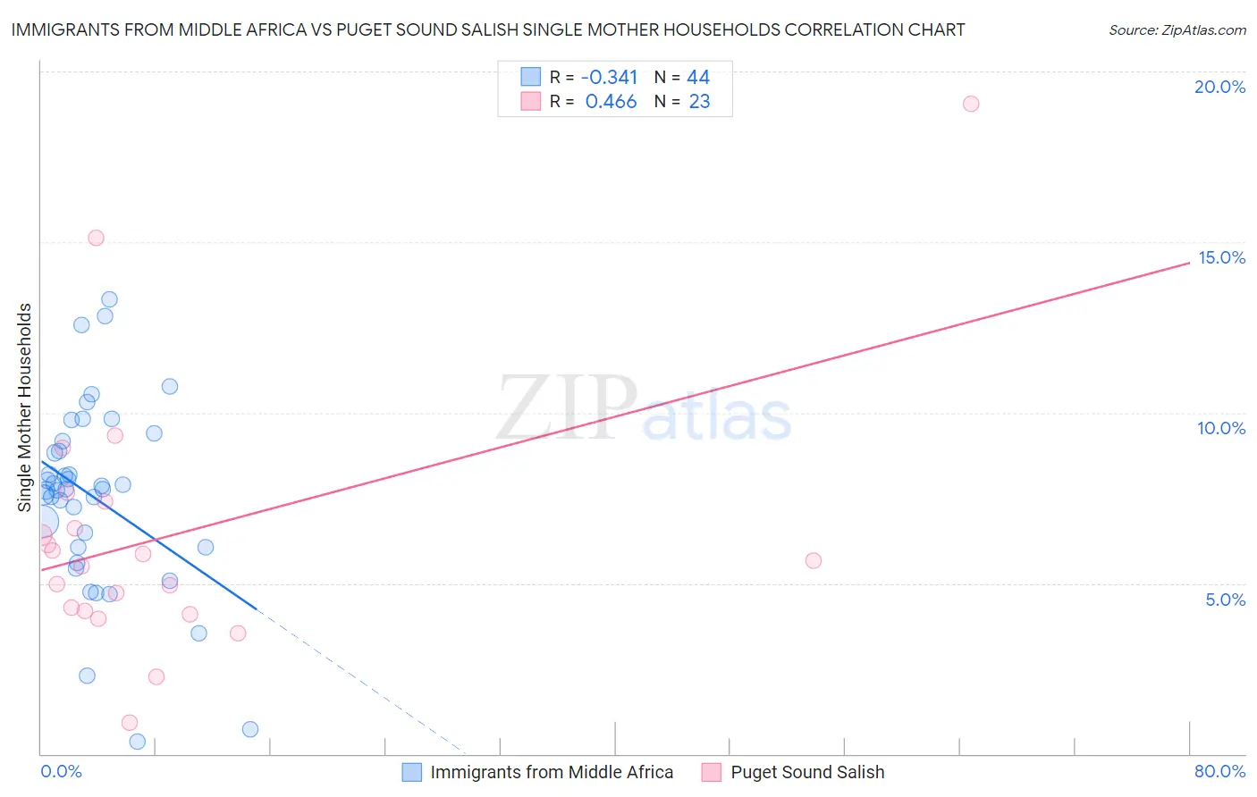 Immigrants from Middle Africa vs Puget Sound Salish Single Mother Households