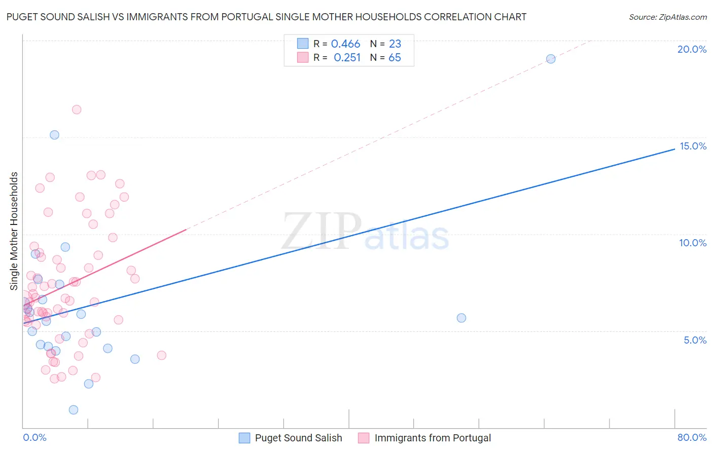 Puget Sound Salish vs Immigrants from Portugal Single Mother Households